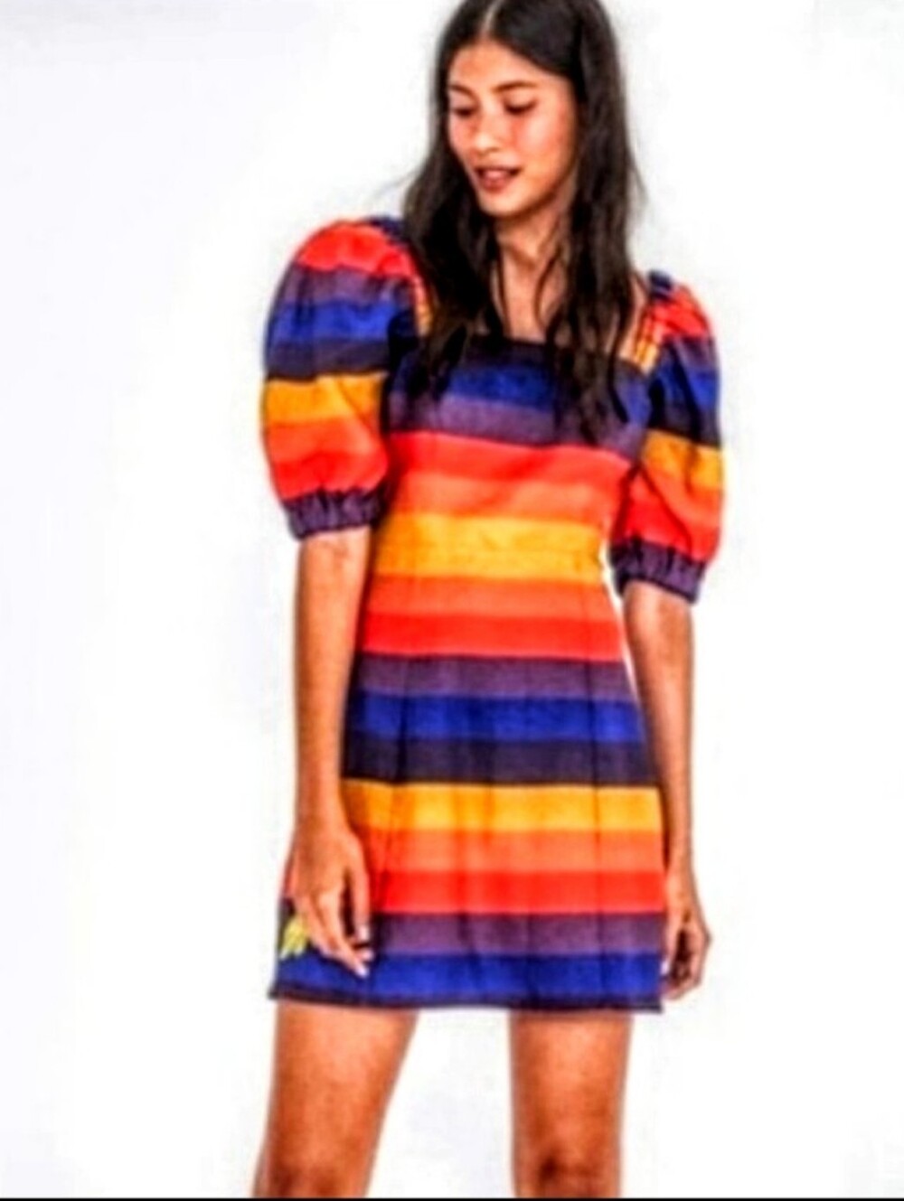 Rainbow Stripe Puff-Sleeve Mini Dress